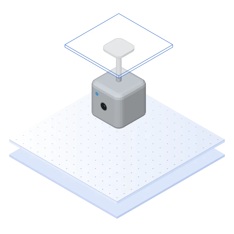 Isometric illustration: a ceiling-mounted Pulses Vision Device over an open floor