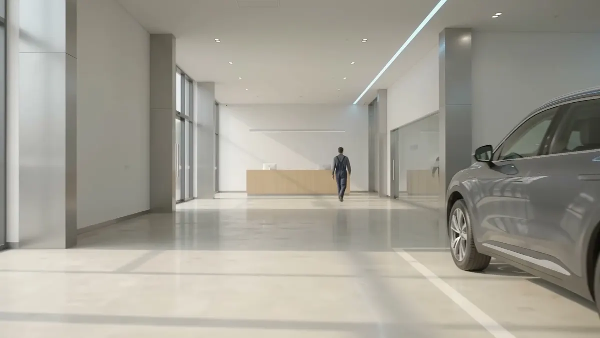 A car arriving at a service reception, outlined by Pulses