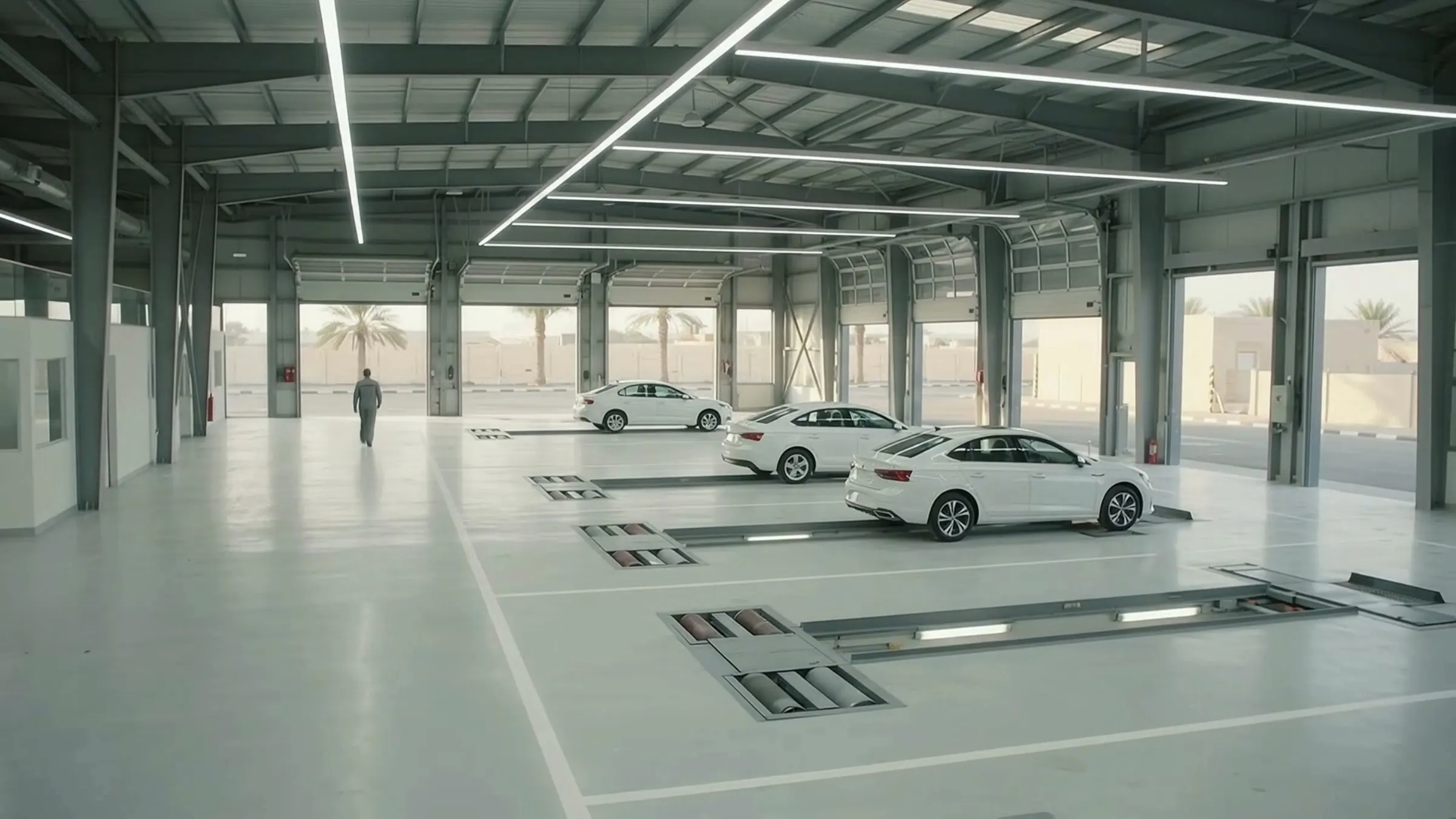 A vehicle inspection hall with cars on the lanes and an inspector walking past