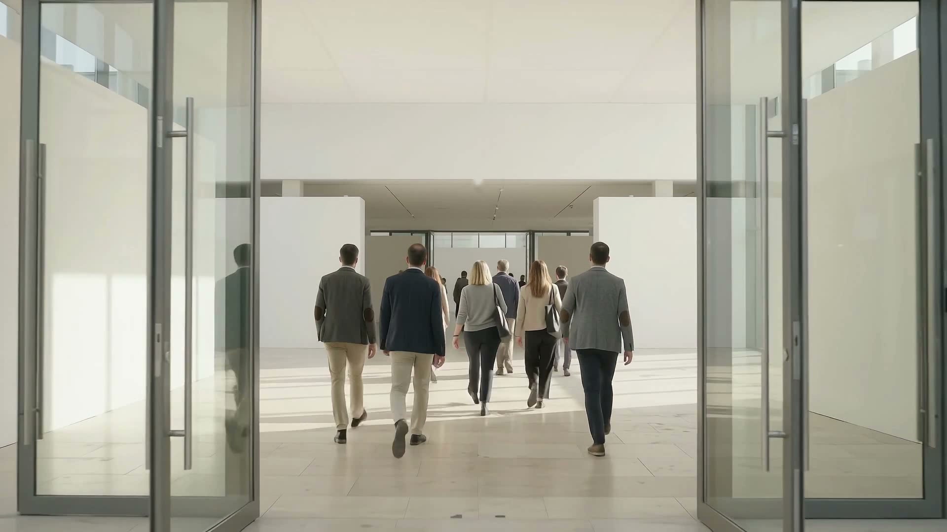 Visitors arriving at an exhibition hall entrance, outlined by Pulses